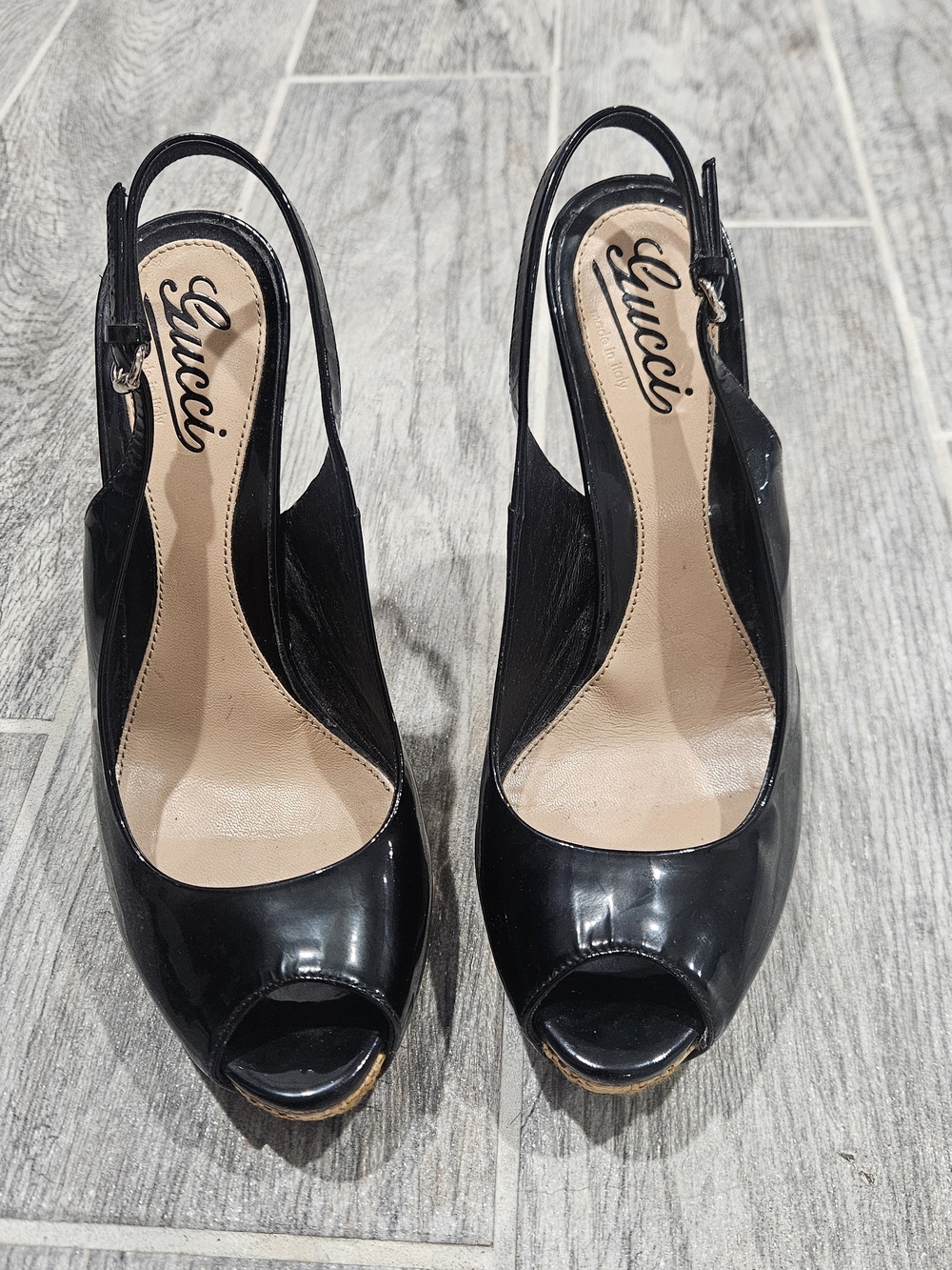 Gucci Black Patent Leather Peep-Toe Slingback Heels
